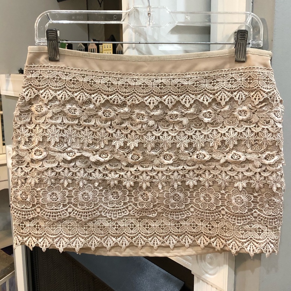 Sans Souci Crochet Floral Flower Lace Beige Neutral Mini Skirt